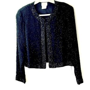 Vintage Black beaded Jacket 1980s-90s cropped long sleeves shoulder pads-PM